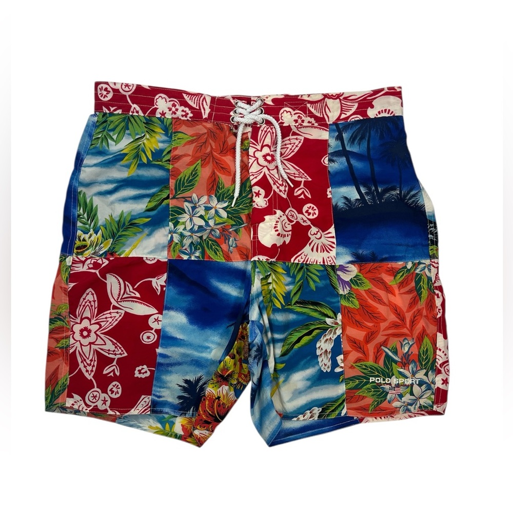 Vintage Polo Ralph‎ Lauren Sport Patchwork Hawaiian Floral Surf Print swim M